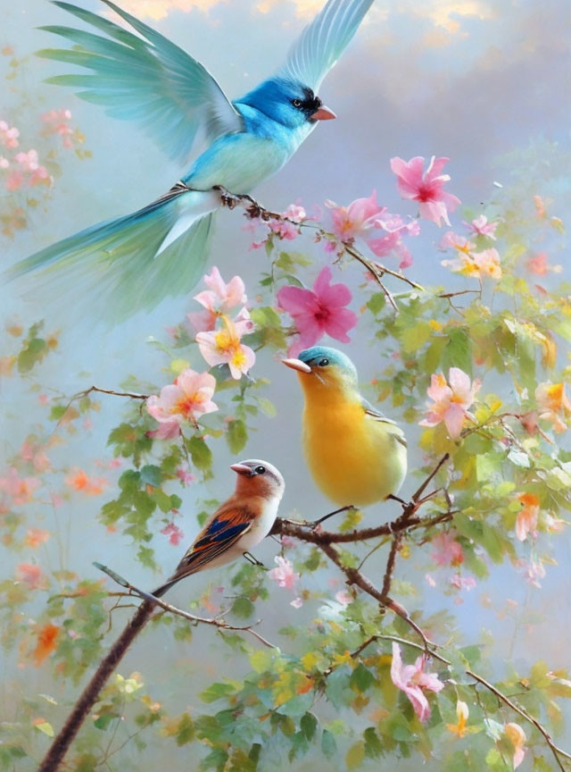 Colorful Birds and Pink Blossoms Artwork featuring Three Birds and Blue Wings