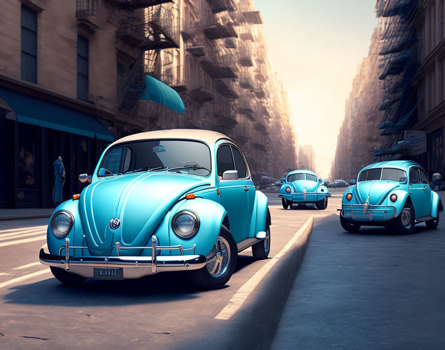 Vintage Blue Volkswagen Beetles Procession in Sunlit Urban Street