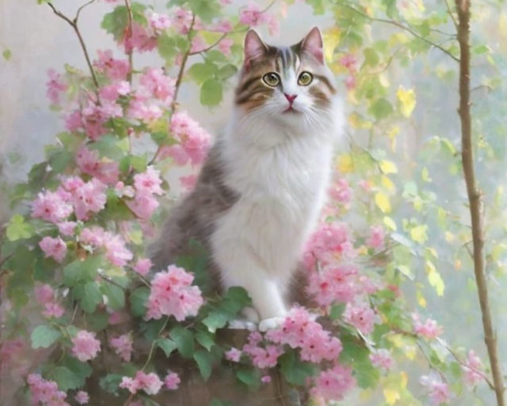 Fluffy cats in pink flower garden with one gazing up