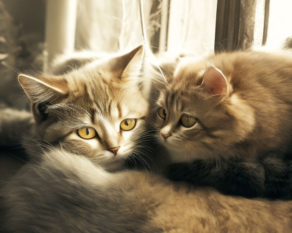 Fluffy Cats with Striking Yellow Eyes Cuddle by Window