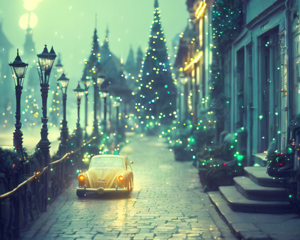 Vintage car driving through festive, illuminated Christmas street at night