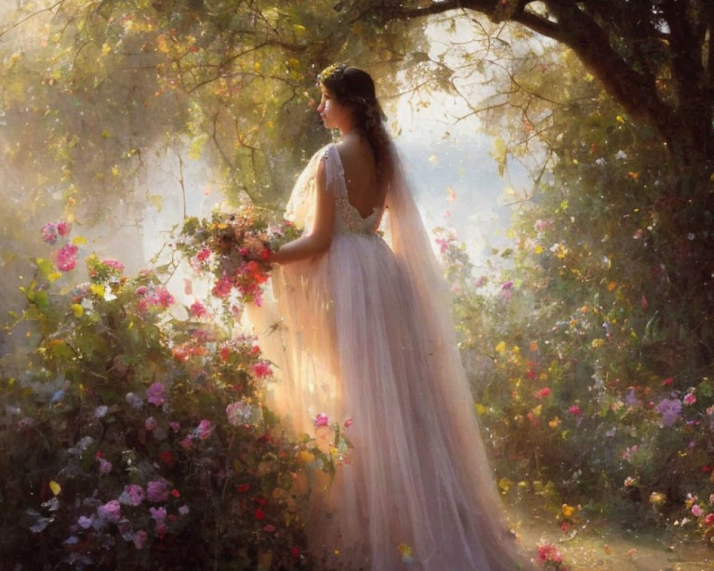 Woman in White Gown Surrounded by Blooming Flowers in Sunlit Garden