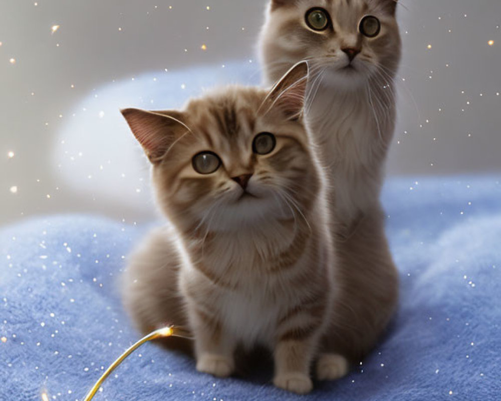 Fluffy Cats on Blue Blanket with Golden Sparkling Lights