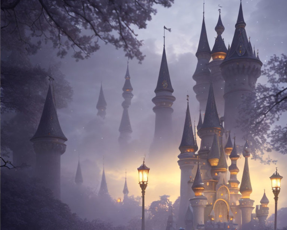 Majestic castle with spires in misty forest at dusk