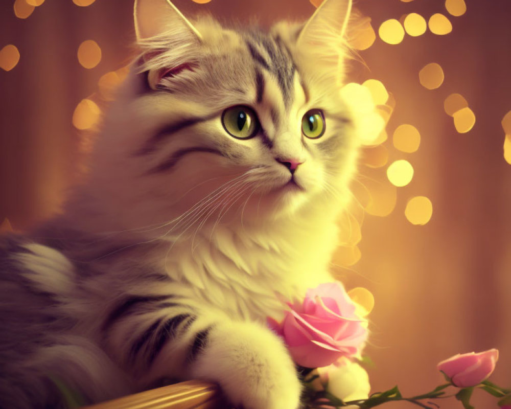 Fluffy tabby cat with green eyes beside pink roses on warm background