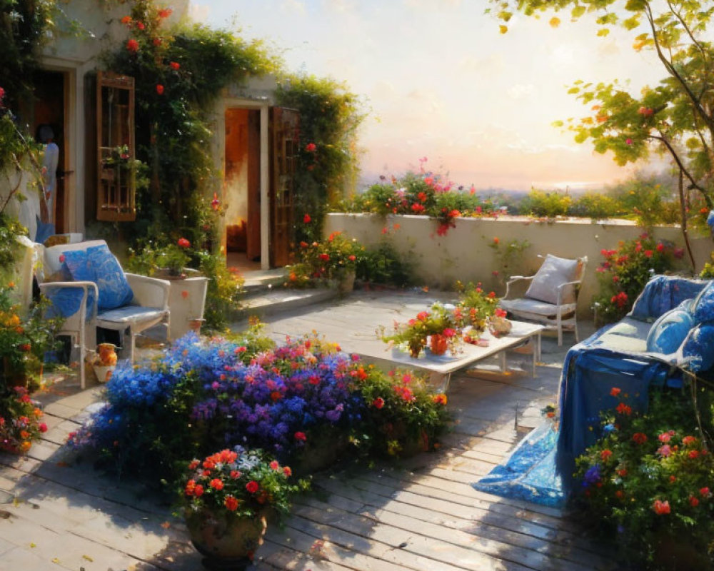 Tranquil terrace with vibrant flowers and blue chairs overlooking hazy horizon