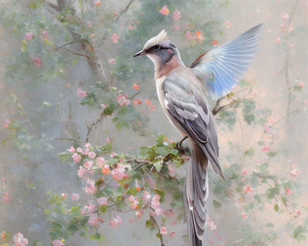 Graceful Bird with Outstretched Blue Wings Among Pink Blossoms