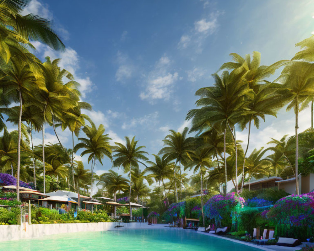 Lush palm trees and flowers surround tropical resort pool