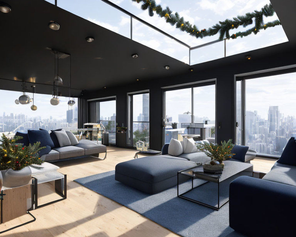 Spacious living room with blue sofas, wooden flooring, and city skyline view decorated with garlands.