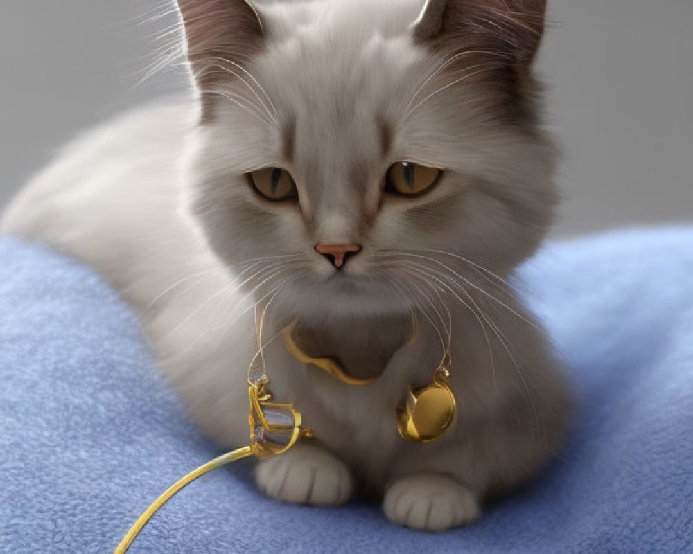 White Cat with Gold Eyes Resting Beside Blue Fabric and Gold Object