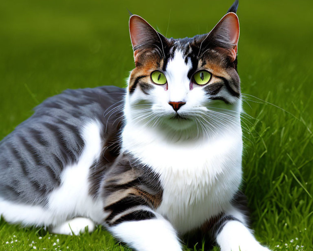 Striped Cat with Green Eyes Resting on Vibrant Grass