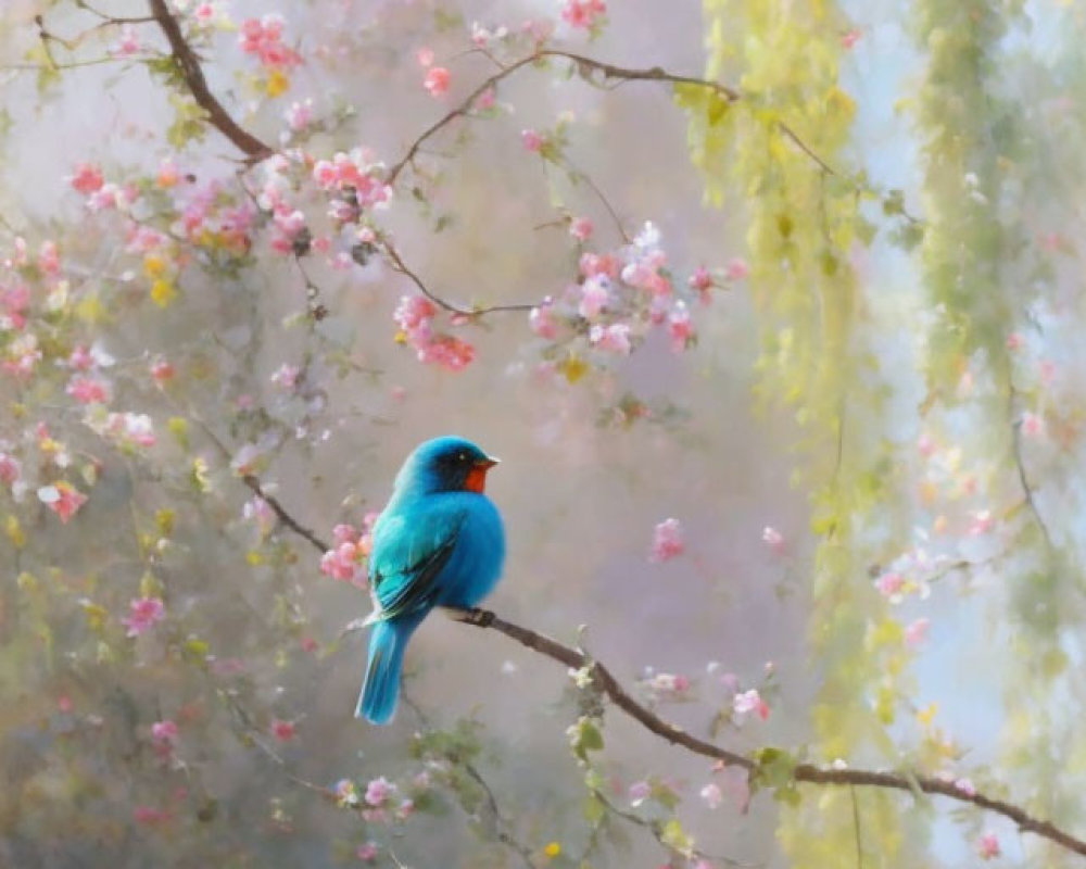 Blue bird perched on branch among pink blossoms and pastel forest.