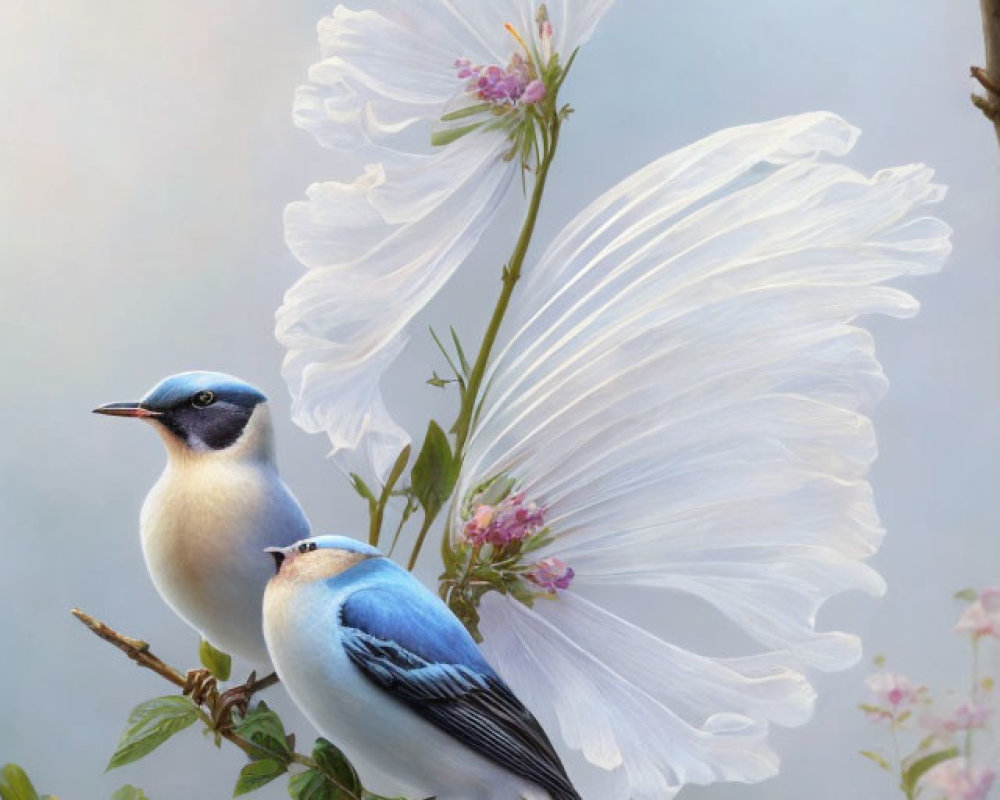 Blue and White Birds on Branch with Pink Blossoms and White Cosmos Flowers