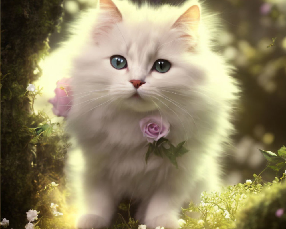 Fluffy White Cat with Blue Eyes in Enchanted Forest