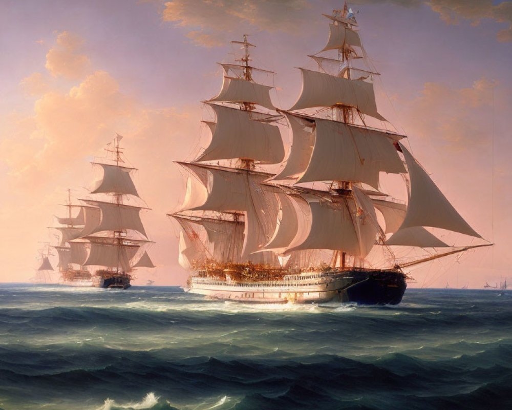 Majestic sailing ships with full white sails on choppy blue sea