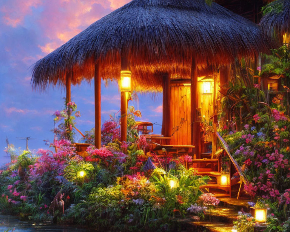 Tranquil tropical dusk scene with thatched hut, lanterns, pond, and colorful sky