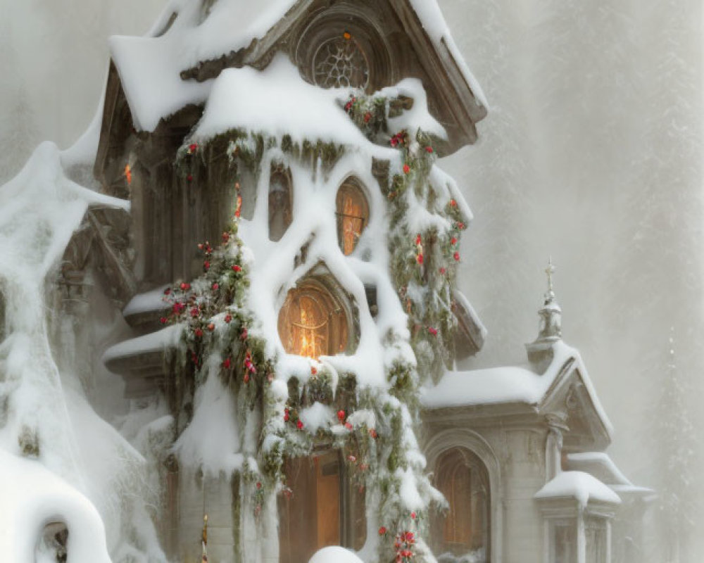 Snow-covered chapel with Christmas wreaths in misty forest scene