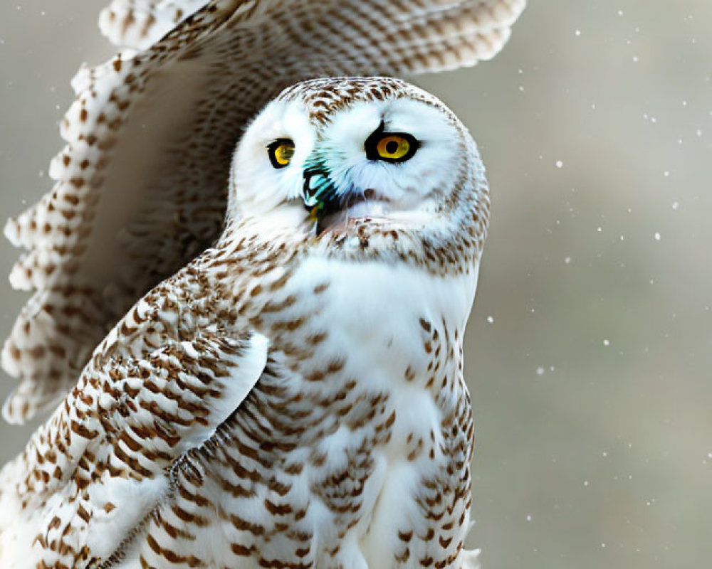 Snowy owl mid-flight with spread wings in snowfall.