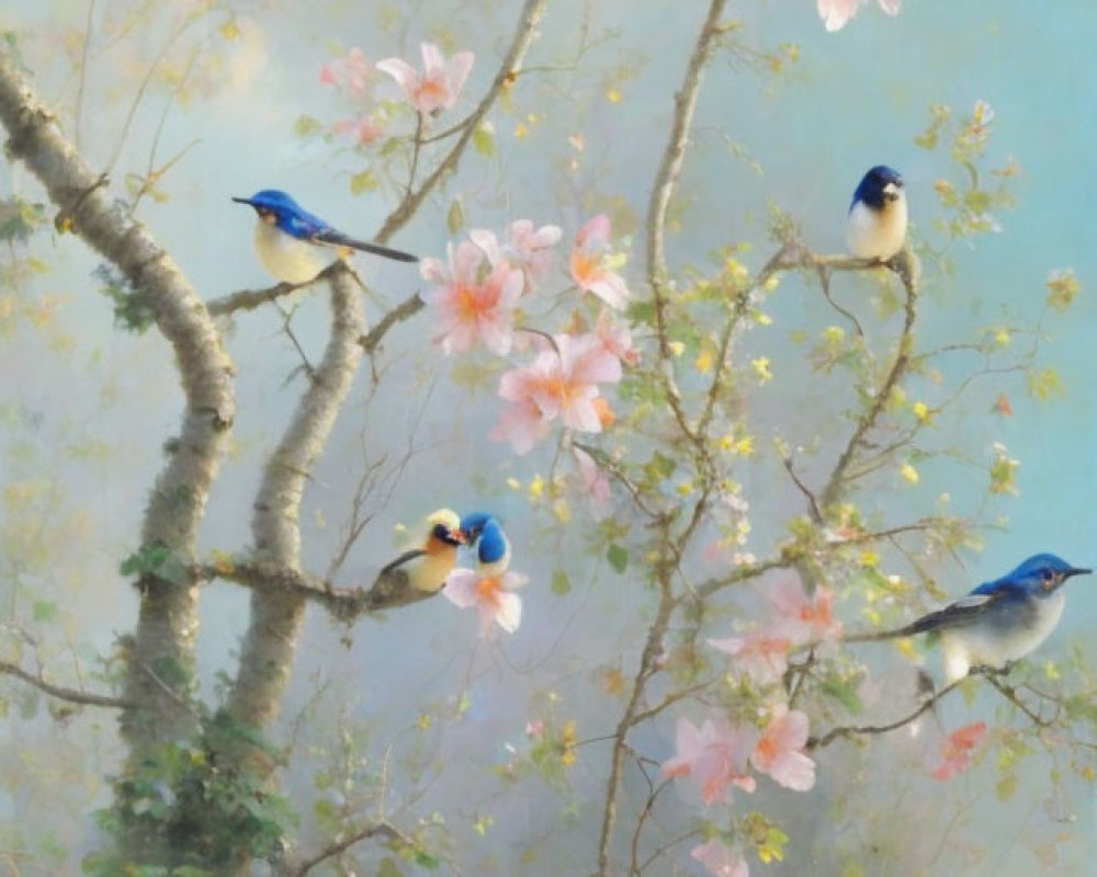 Colorful Birds Perched on Blossoming Tree Branches in Hazy Blue Sky