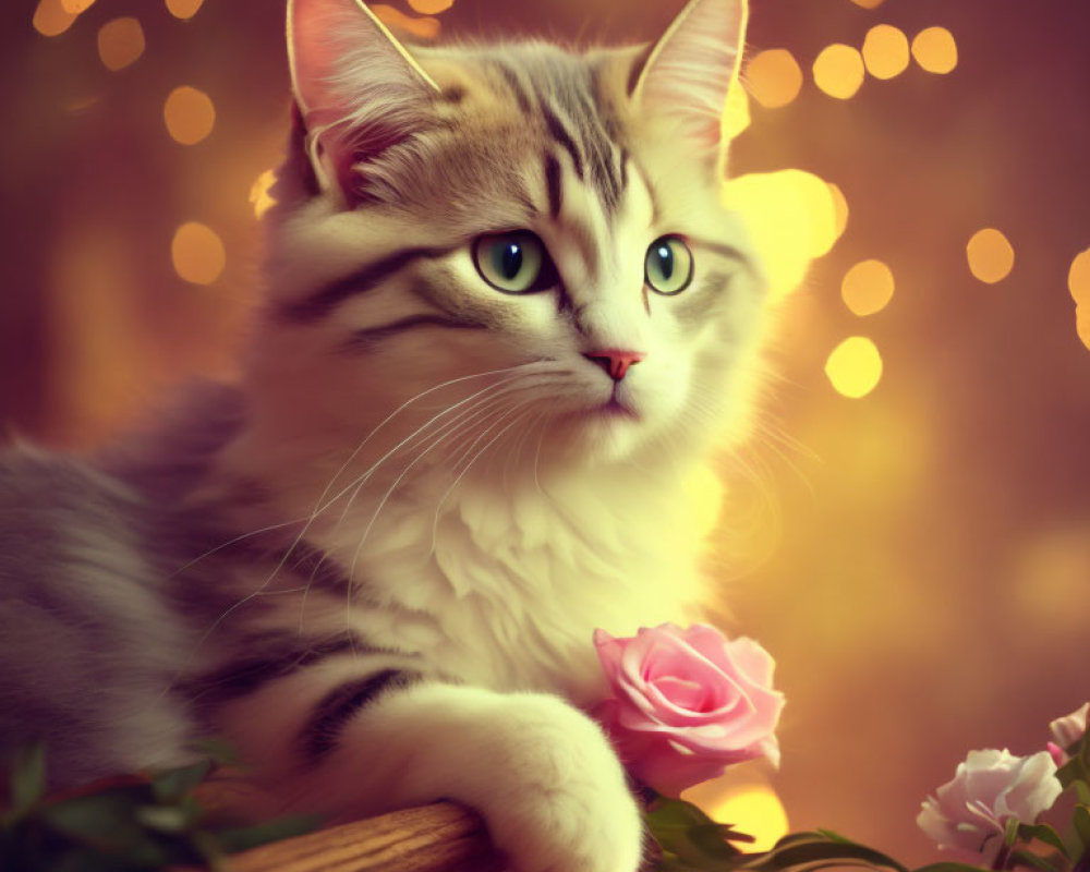 Fluffy Cat with Green Eyes Resting Beside Pink Roses