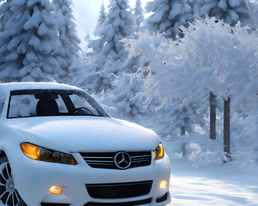 White Car Parked in Snowy Forest with Snow-Covered Trees