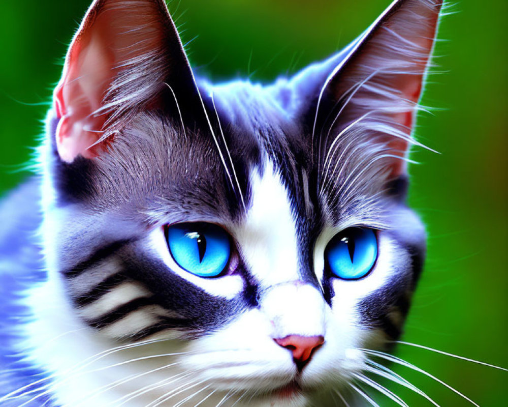 Black and White Domestic Cat with Blue Eyes and Pointed Ears in Close-up Shot