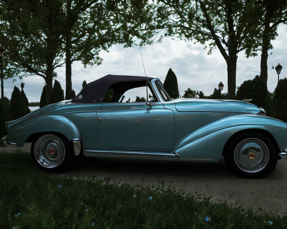 Vintage Convertible Car Parked in Lush Park with Blue Flowers Under Cloudy Sky