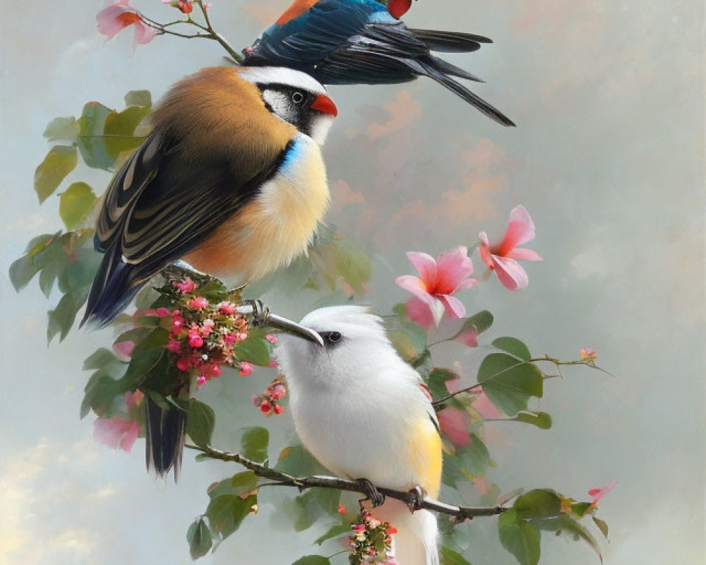 Vibrant Birds on Flowering Branches Under Cloudy Sky