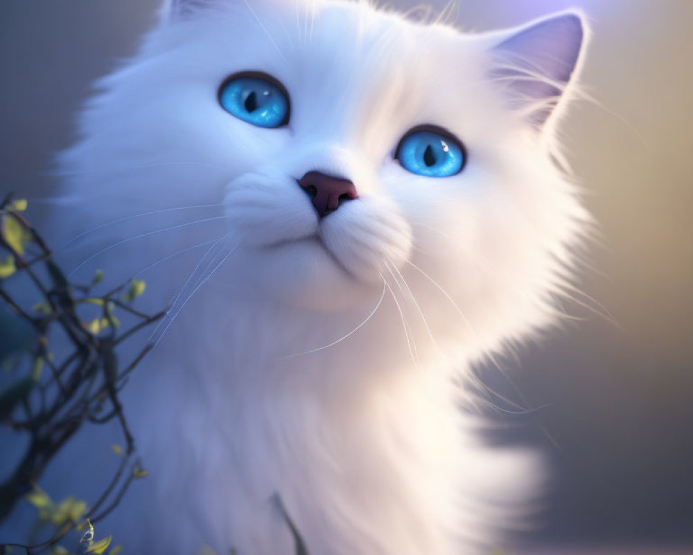 White Cat with Blue Eyes in Ethereal Light Among Branches