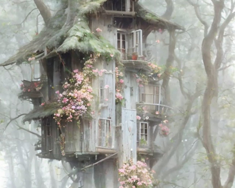 Enchanting treehouse in foggy forest with floral decorations