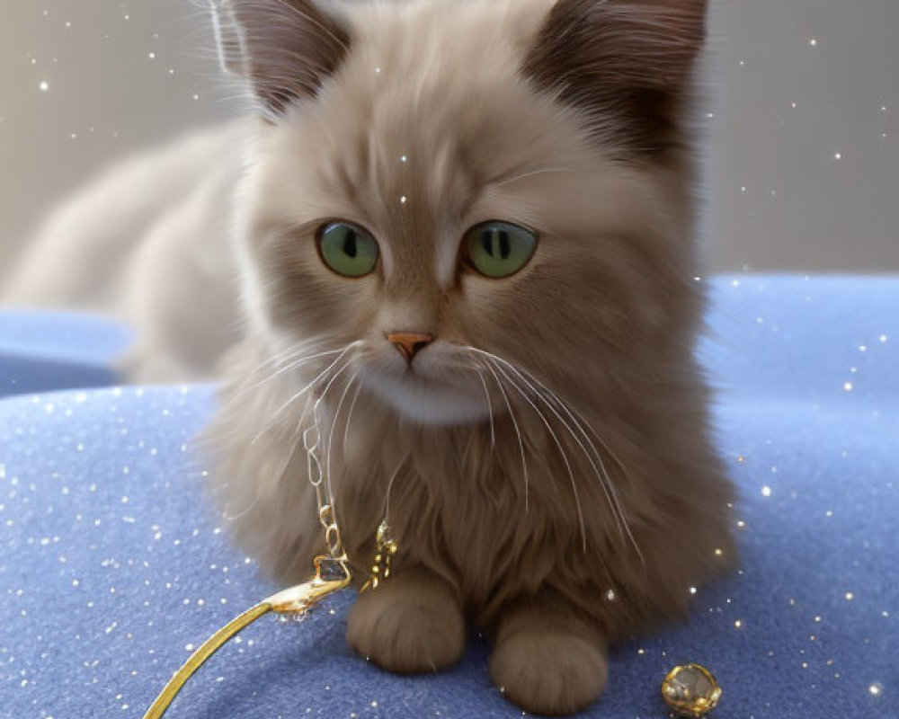 Fluffy Cat with Green Eyes on Blue Surface with Gold Object and Stones under Starry Sky