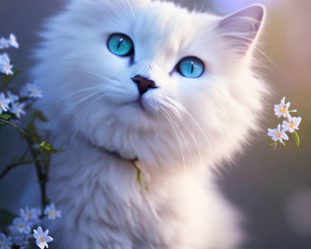 Fluffy White Cat with Blue Eyes Surrounded by White Flowers