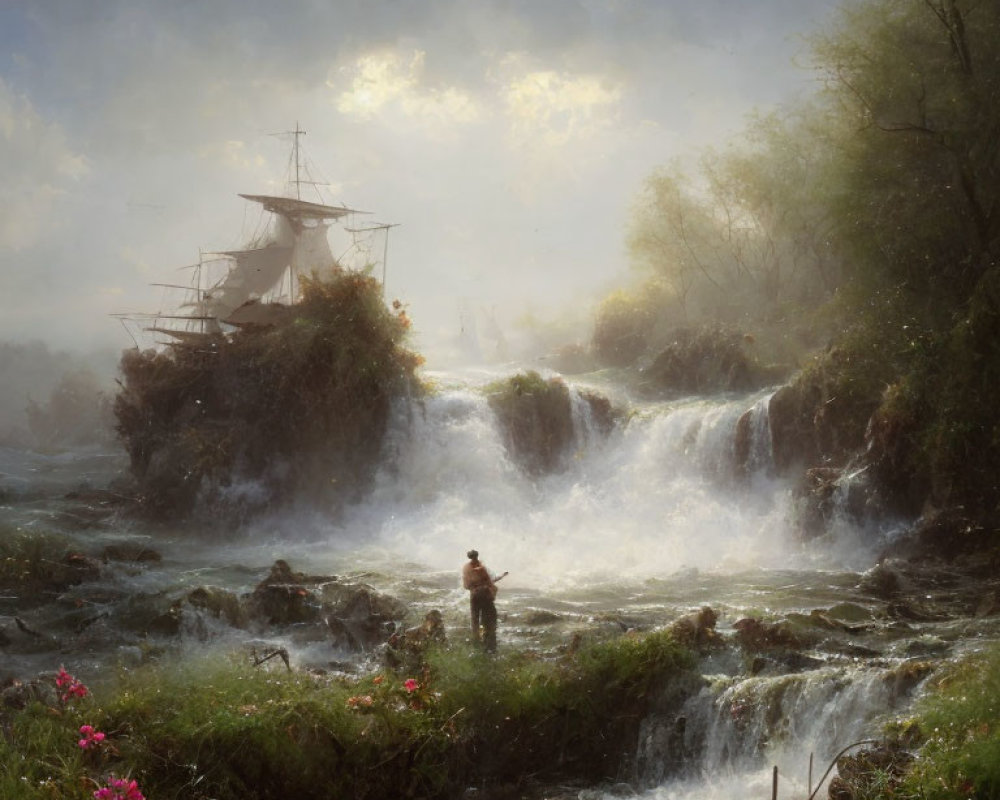 Tranquil landscape with waterfall, fisherman, and tall ship in misty waters