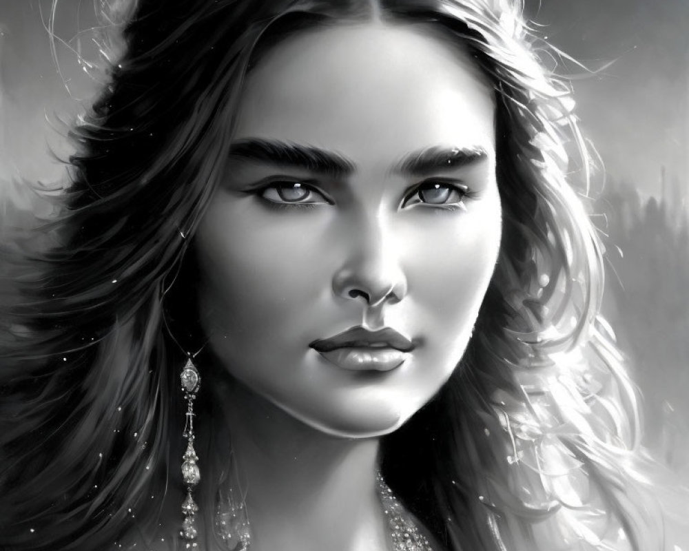 Monochromatic portrait of a woman with intense eyes and elegant accessories against a mystical background