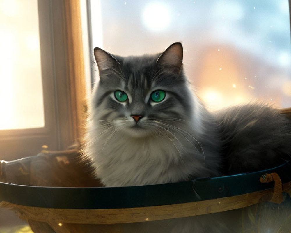 Grey and White Cat with Green Eyes in Wooden Basket by Sunny Window with Snowflakes