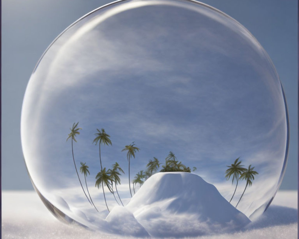 Crystal ball on snow with palm trees and mountain reflection.