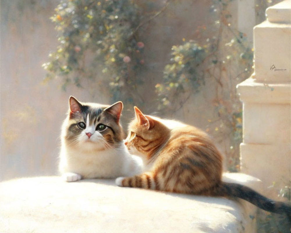 Two Cats Sitting Together on Stone Ledge in Tranquil Sunlit Setting