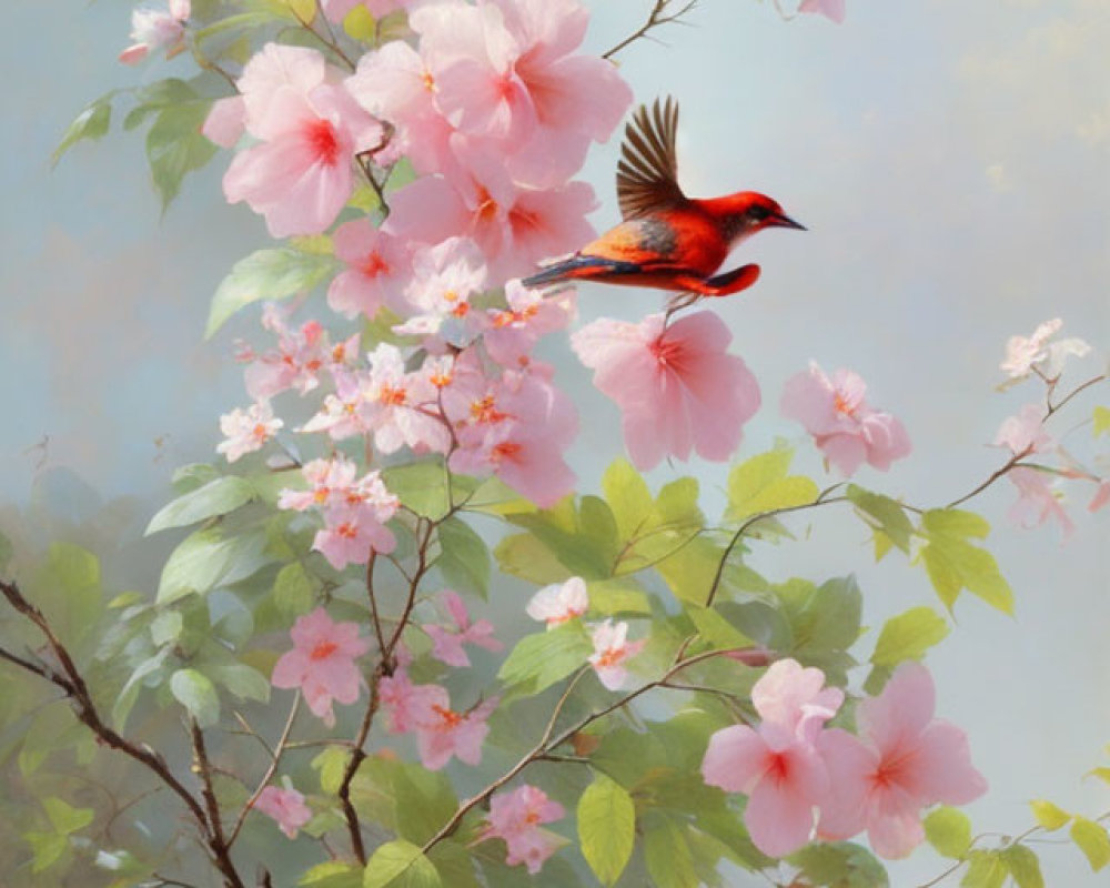 Red bird flying among pink blossoms with blue bird perched on branch