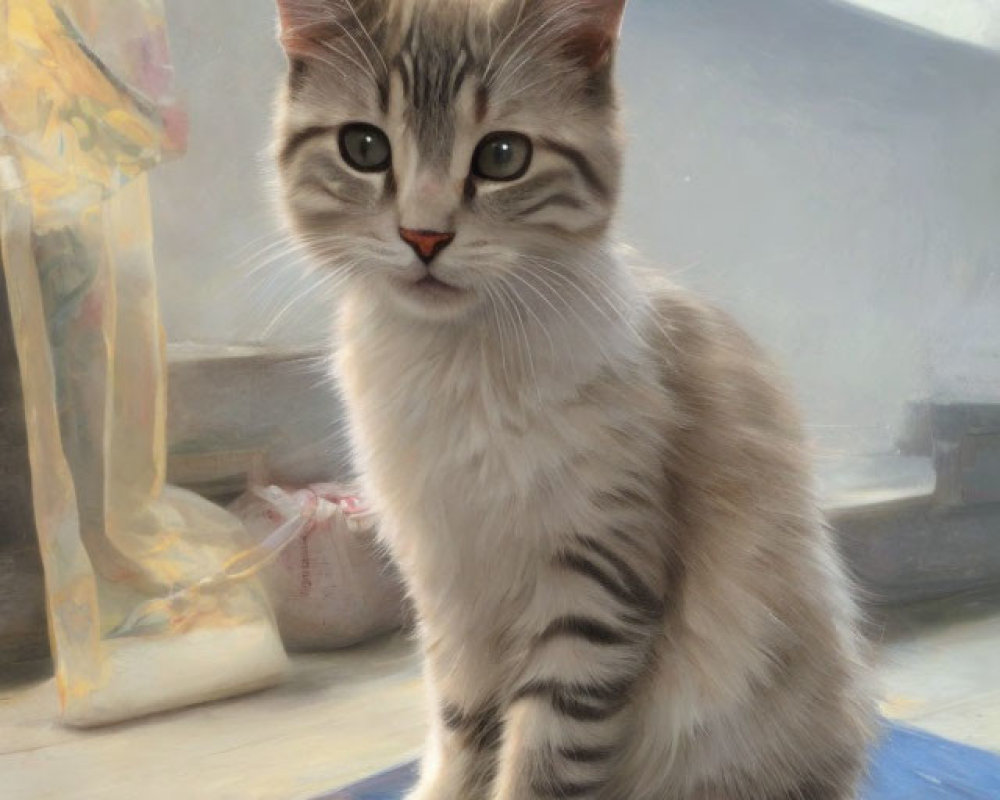 Realistic Gray and White Striped Kitten Painting on Blue Surface