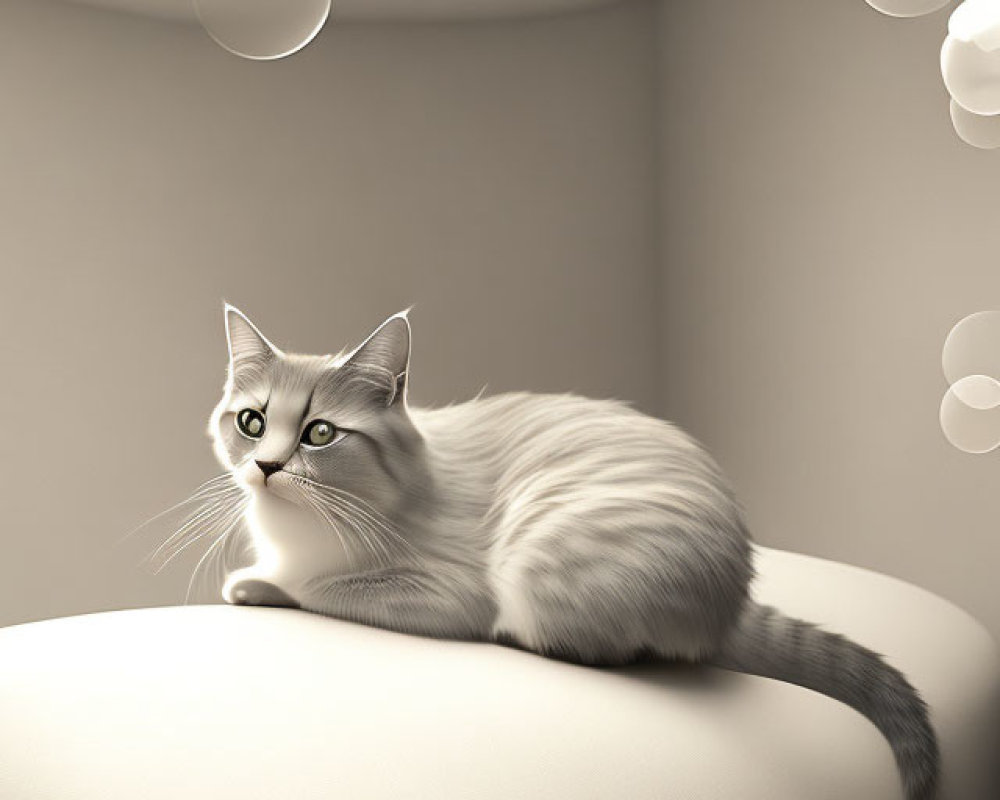 Fluffy white cat with unique markings on sofa, looking up, glowing orbs in background