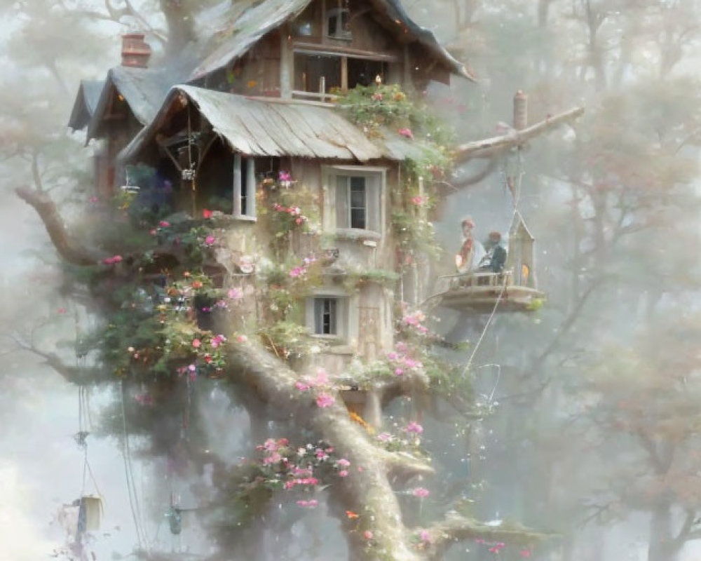 Whimsical treehouse in foggy forest with human figures on balcony