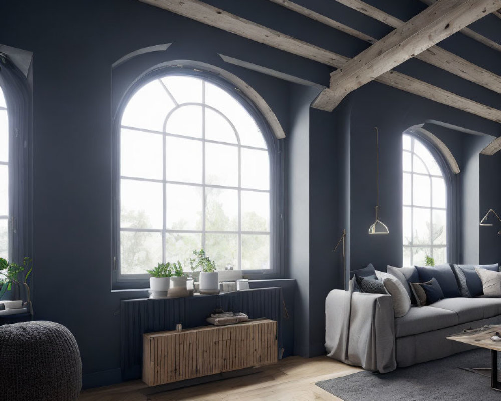 Elegant Living Room with Dark Paneled Walls and Arched Window