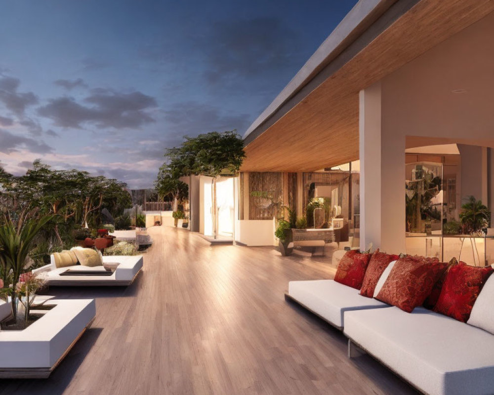 Contemporary rooftop terrace with lounge chairs and indoor view at dusk