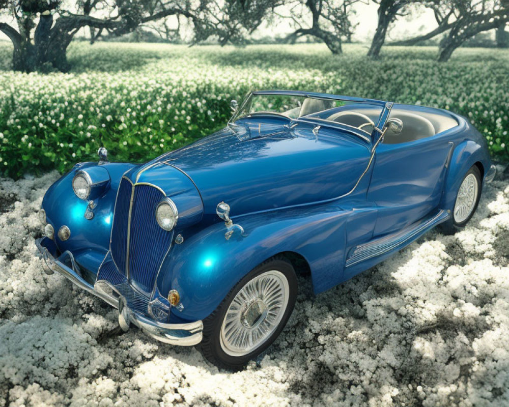 Blue Convertible Car with White-Walled Tires in Nature Setting