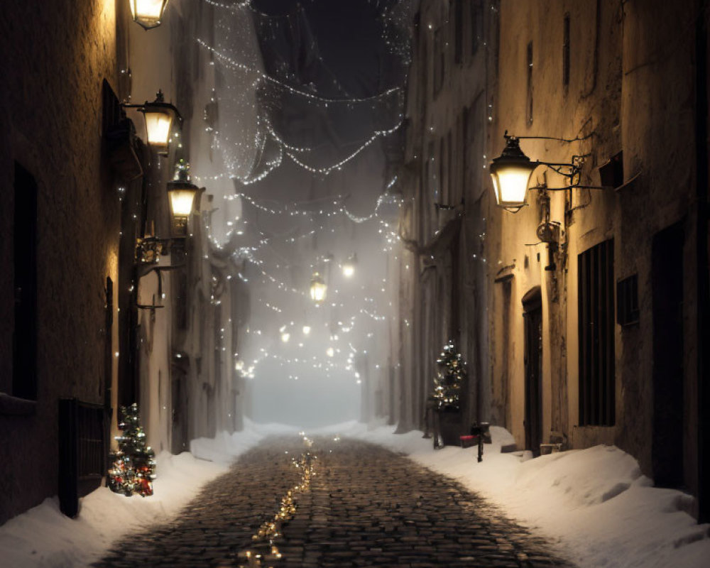 Snowy cobblestone alley with festive Christmas decorations