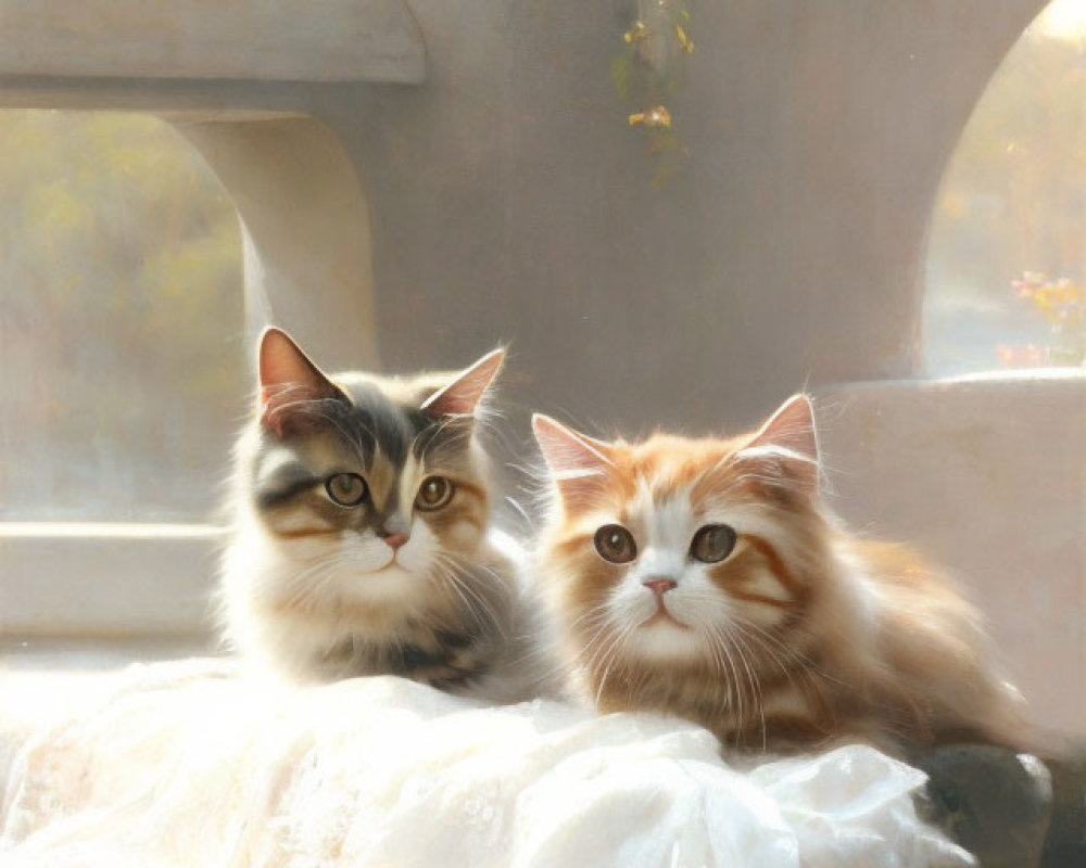 Fluffy Cats with Striking Eyes on Lace-Covered Window Ledge