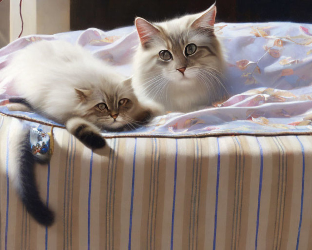 Fluffy Cats on Striped Cushion with Cat Figurine and Green Apple among Autumn Leaves