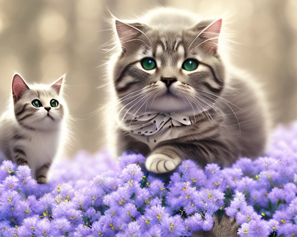 Three Cats Among Purple Flowers Digital Artwork