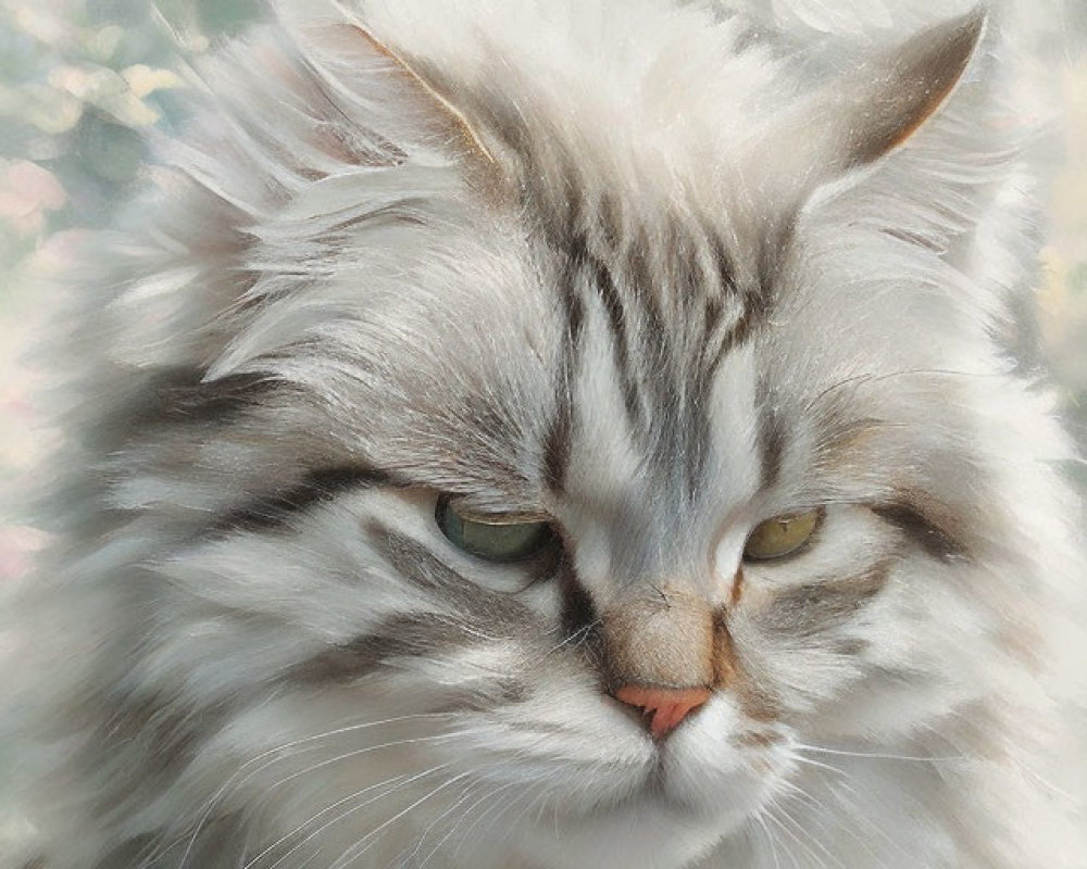 Fluffy White and Grey Cat with Yellow Eyes and Long Whiskers Resting