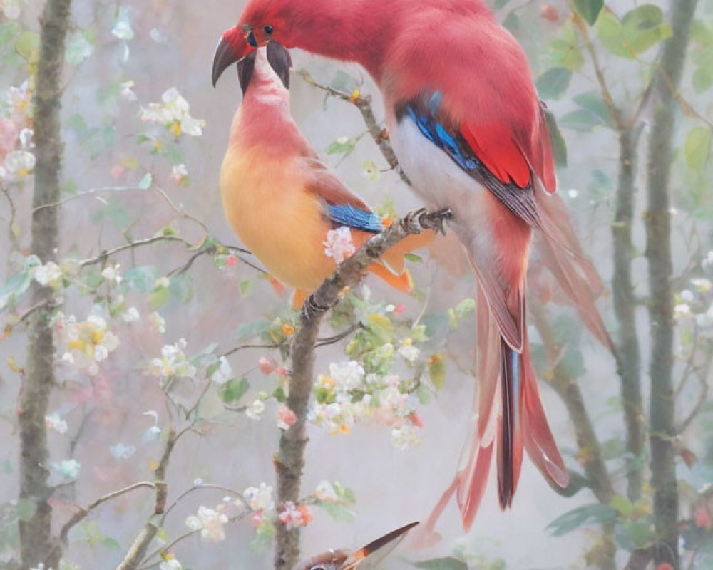 Colorful Birds on Branch Among Blossoming Trees and Mist